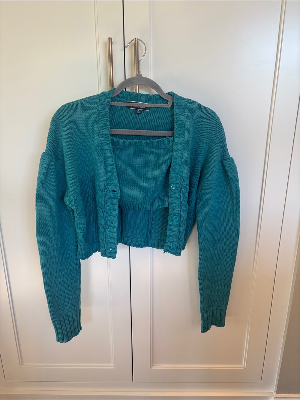 Cropped Teal Knit Cardigan Sweater - Women's with separate tube top
